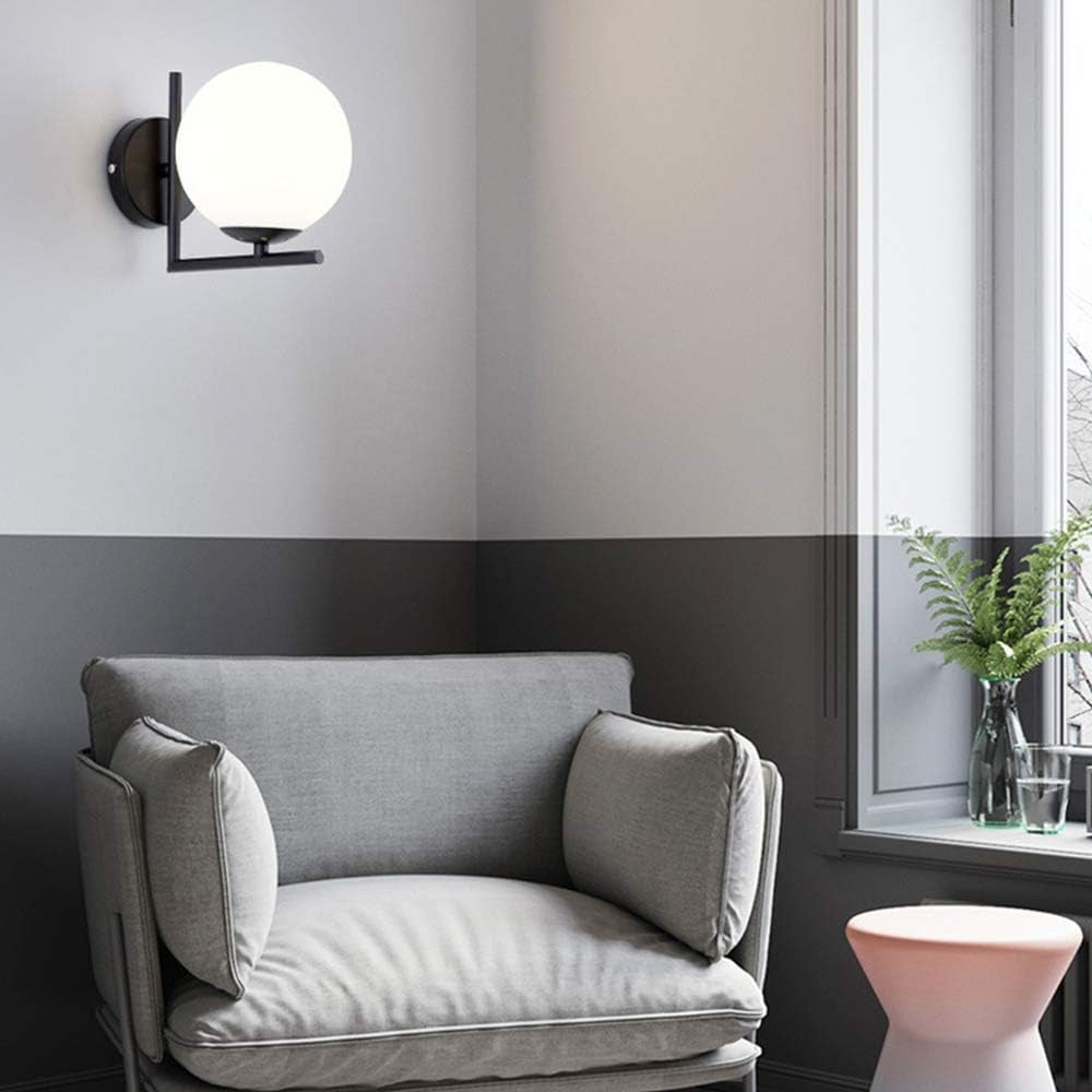 Simple Sphere Glass Lampshade Wall Light Ball LED E27 Wall Lamp Creative Metal round for Bedroom Living Room Kitchen Study Aisle Dining Room Bathroom Corridor Restaurant Bedside Hallway (Black)