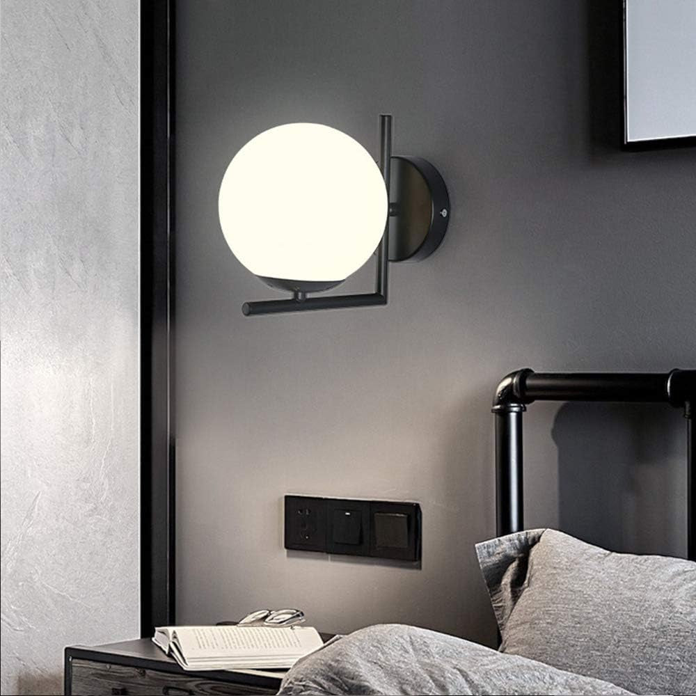 Simple Sphere Glass Lampshade Wall Light Ball LED E27 Wall Lamp Creative Metal round for Bedroom Living Room Kitchen Study Aisle Dining Room Bathroom Corridor Restaurant Bedside Hallway (Black)