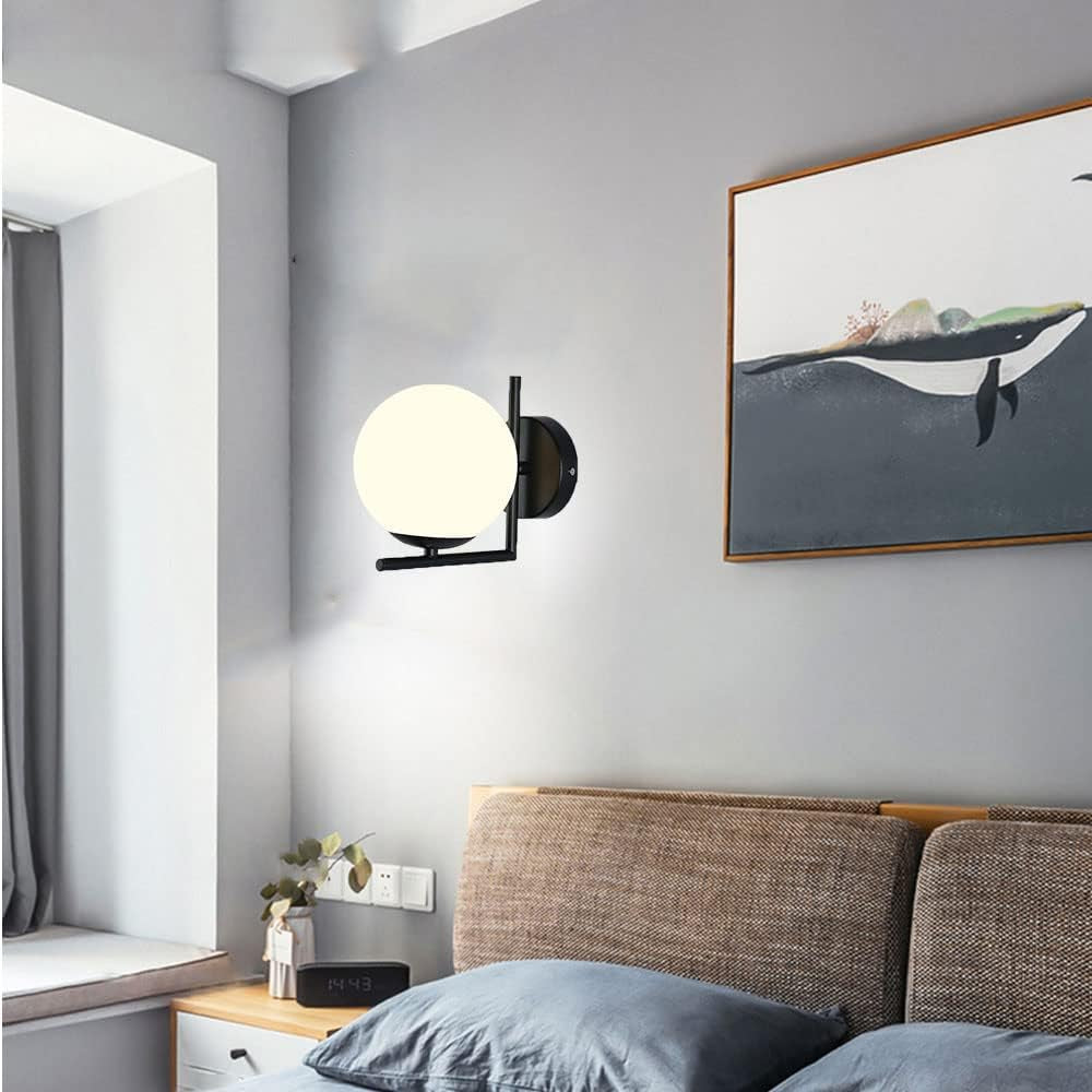 Simple Sphere Glass Lampshade Wall Light Ball LED E27 Wall Lamp Creative Metal round for Bedroom Living Room Kitchen Study Aisle Dining Room Bathroom Corridor Restaurant Bedside Hallway (Black)