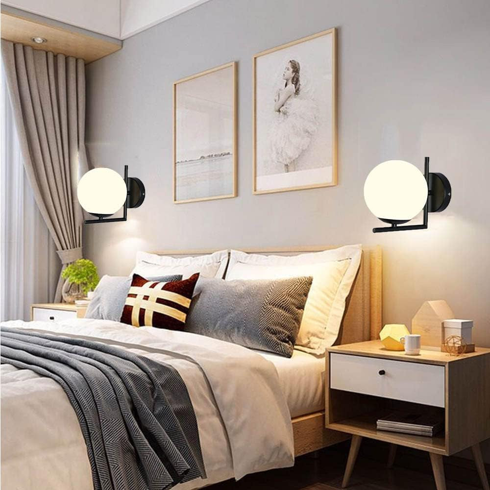 Simple Sphere Glass Lampshade Wall Light Ball LED E27 Wall Lamp Creative Metal round for Bedroom Living Room Kitchen Study Aisle Dining Room Bathroom Corridor Restaurant Bedside Hallway (Black)