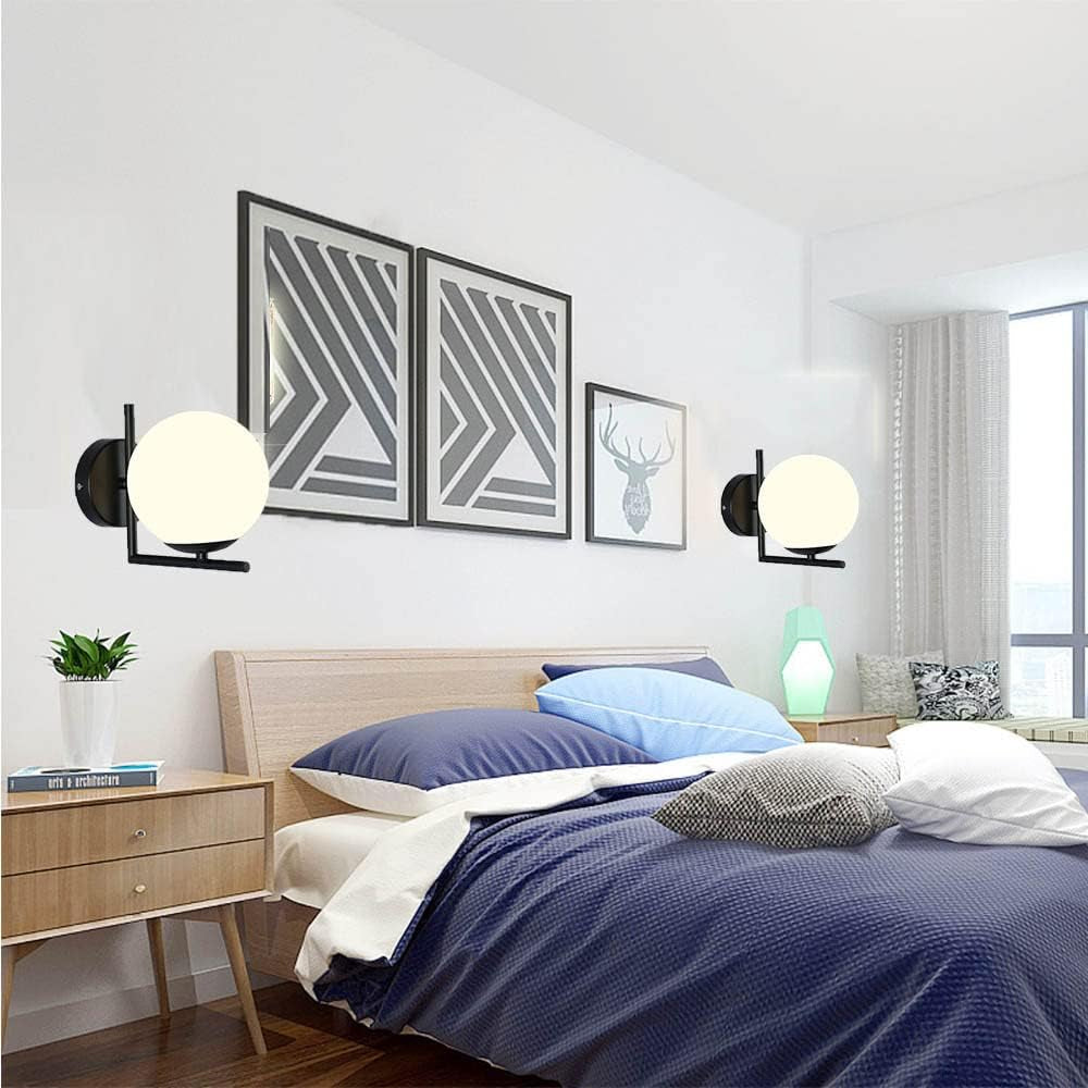 Simple Sphere Glass Lampshade Wall Light Ball LED E27 Wall Lamp Creative Metal round for Bedroom Living Room Kitchen Study Aisle Dining Room Bathroom Corridor Restaurant Bedside Hallway (Black)
